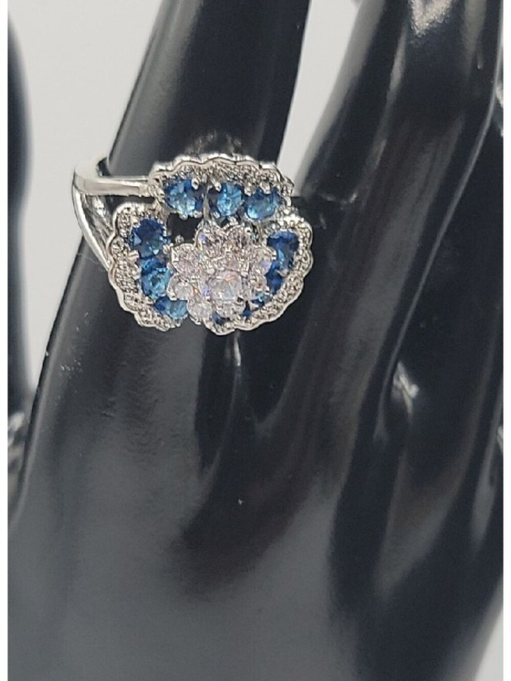 Sterling Silver Crystal Flower Ring Blue Clear Stones 925 Ruffled Petals SZ 9 - Picture 7 of 16